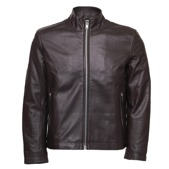 A dark brown leather jacket with a round collar, zipper closure, and buttoned cuffs