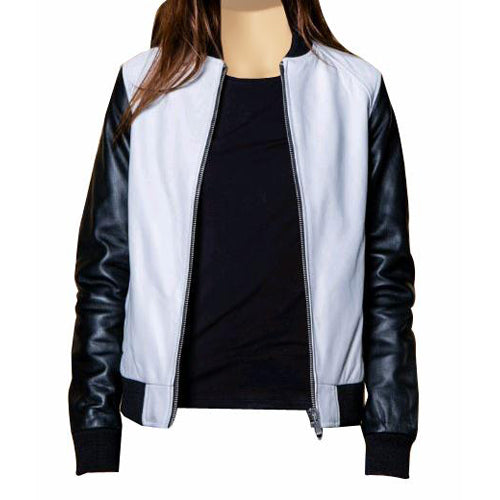 Women Enyas black and white collarless leather jacket