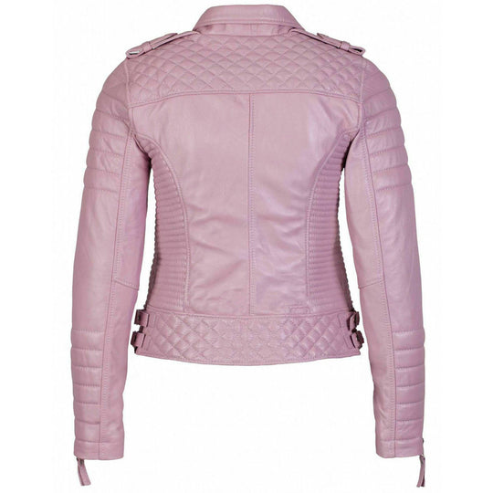 Fashionable Pink quilted Biker leather jacket for women