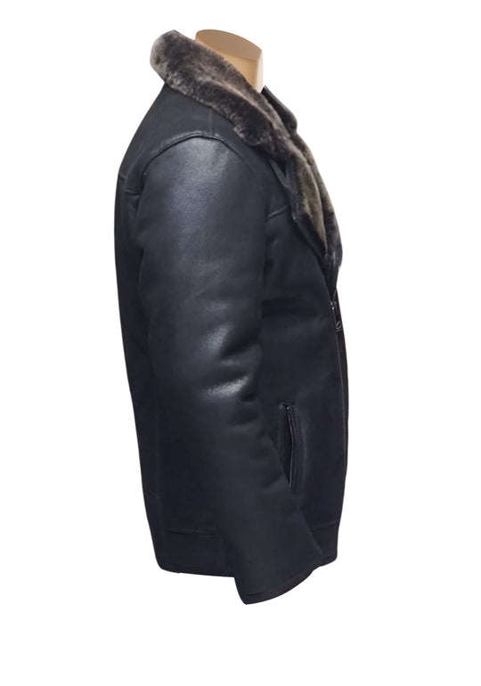 Black Robbies Shearling Sheepskin Car Coat for Men