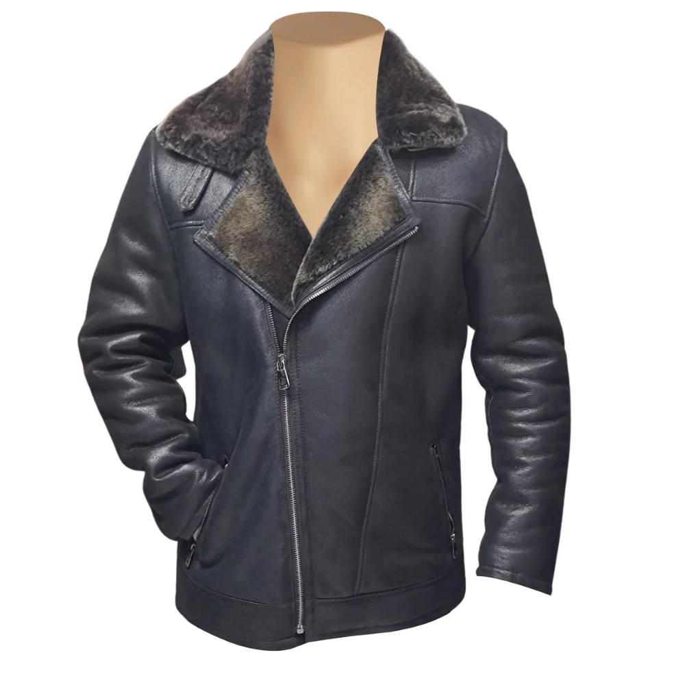 Black Robbies Shearling Sheepskin Car Coat for Men