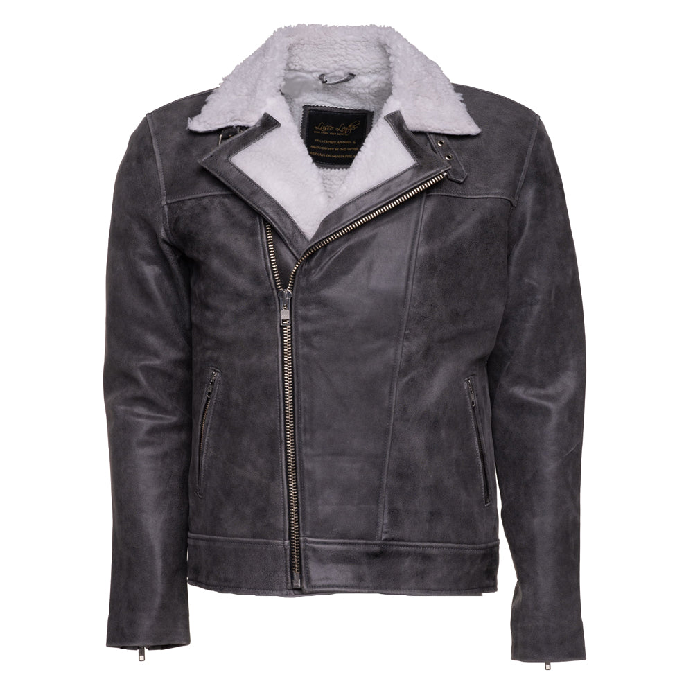 Grey leather biker jacket with Sherpa lining