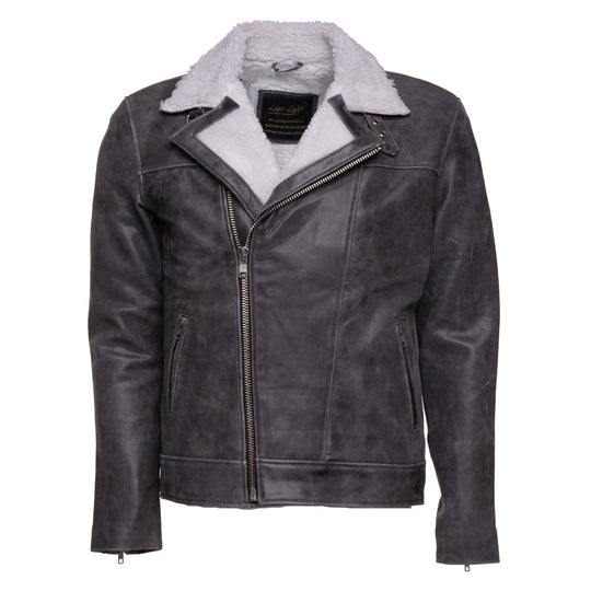 Grey leather biker jacket with Sherpa lining