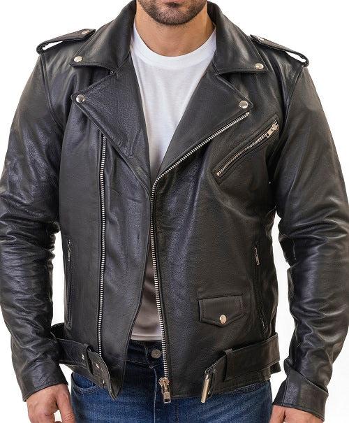 "Perfect Biker Style" Classic Black Premium Leather Motorcycle Jacket with removable armor