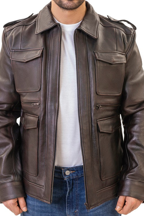 River distressed brown motorcycle leather jacket with large pockets