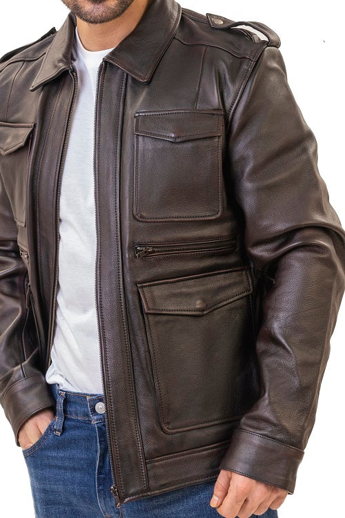 River distressed brown motorcycle leather jacket with large pockets