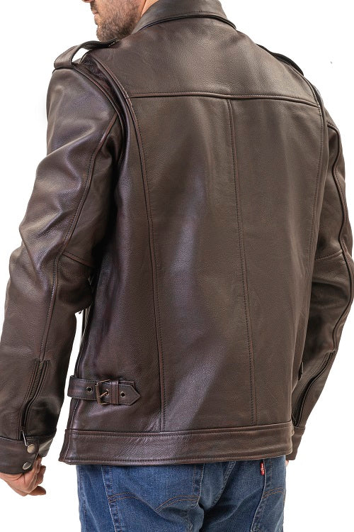 River distressed brown motorcycle leather jacket with large pockets