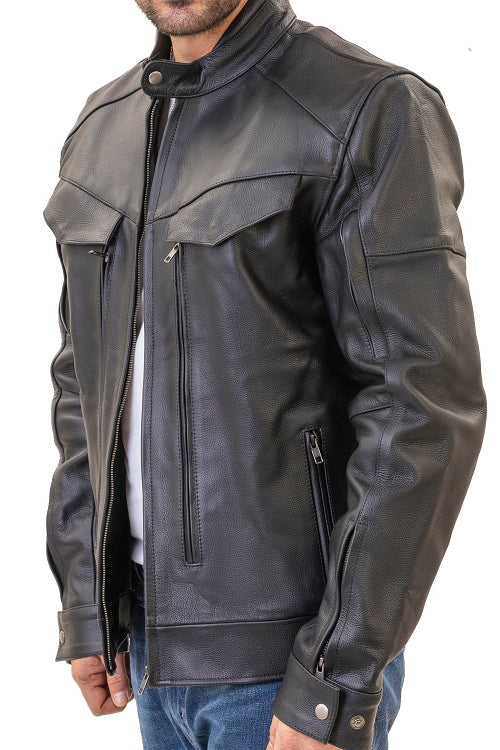 Huxley Black Motorcycle leather jacket with Storage pockets