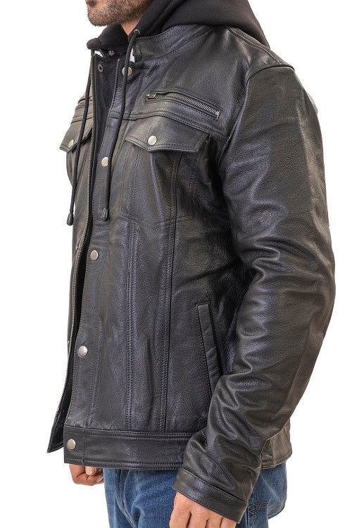 Easton Black trucker motorcycle leather jacket with hood