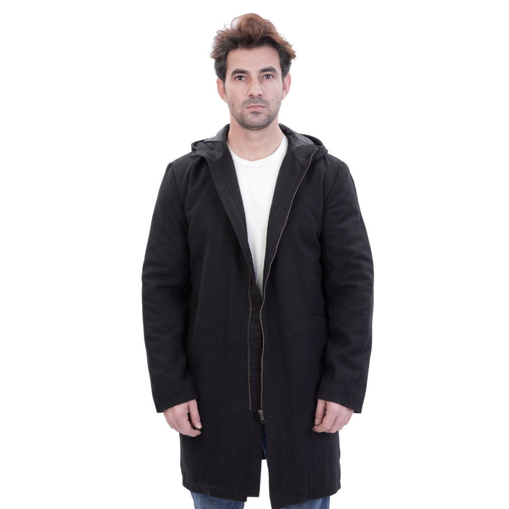 Maddox Black hooded long wool coat