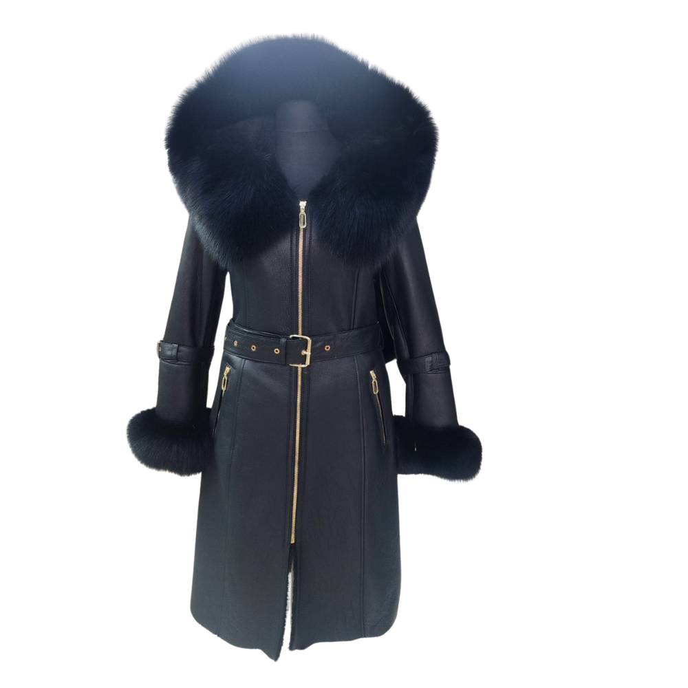 Freya Black Leather shearling coat with Fur Hood & Belt