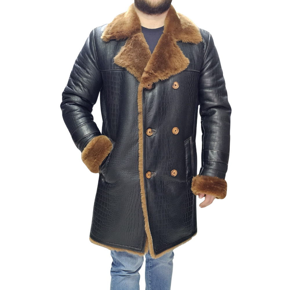 Griffin Double Breasted Black Croc Print Shearling Overcoat