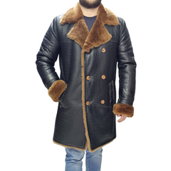 Griffin Double Breasted Black Croc Print Shearling Overcoat