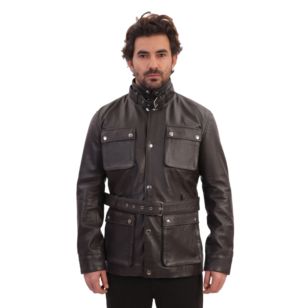 Parker Black Belted leather jacket with large pockets