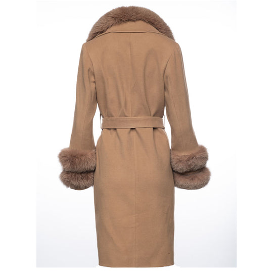 Aria Beige Chic long cashmere blend coat with fox fur