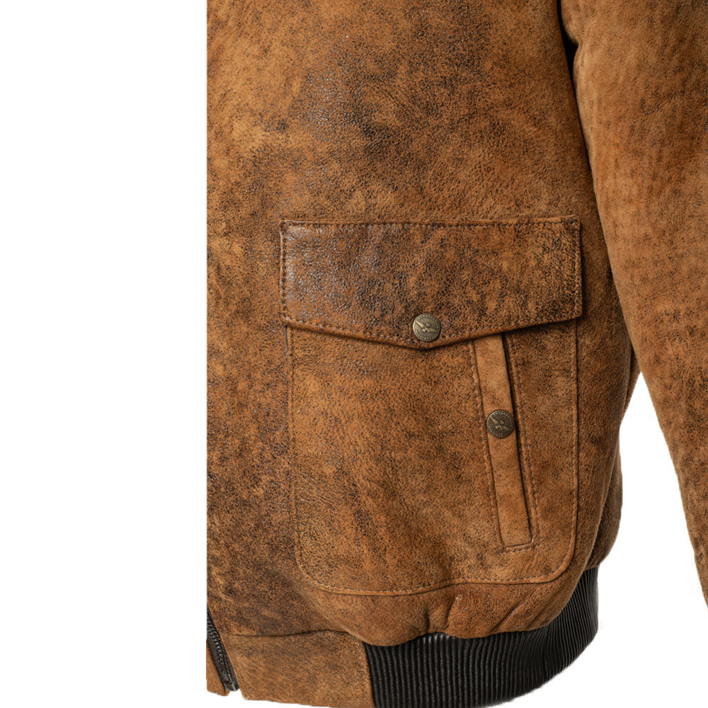 Lucian's distressed brown A2 Bomber shearling jacket