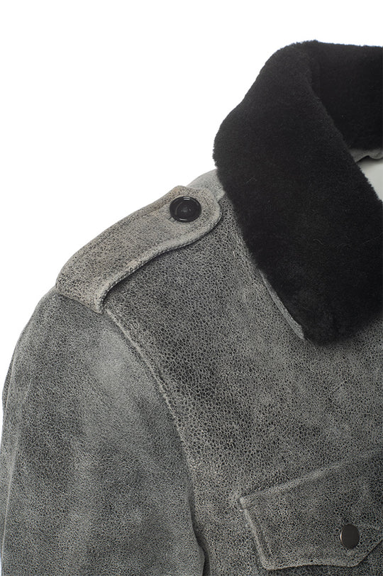 Ryder vintage grey leather coat with fur collar