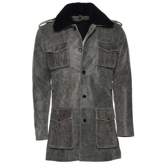 Ryder vintage grey leather coat with fur collar