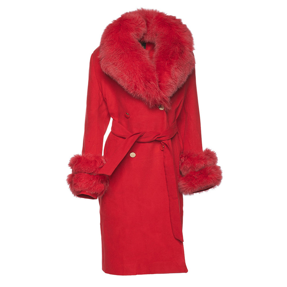 Aria Red chic long cashmere blend coat with fox fur