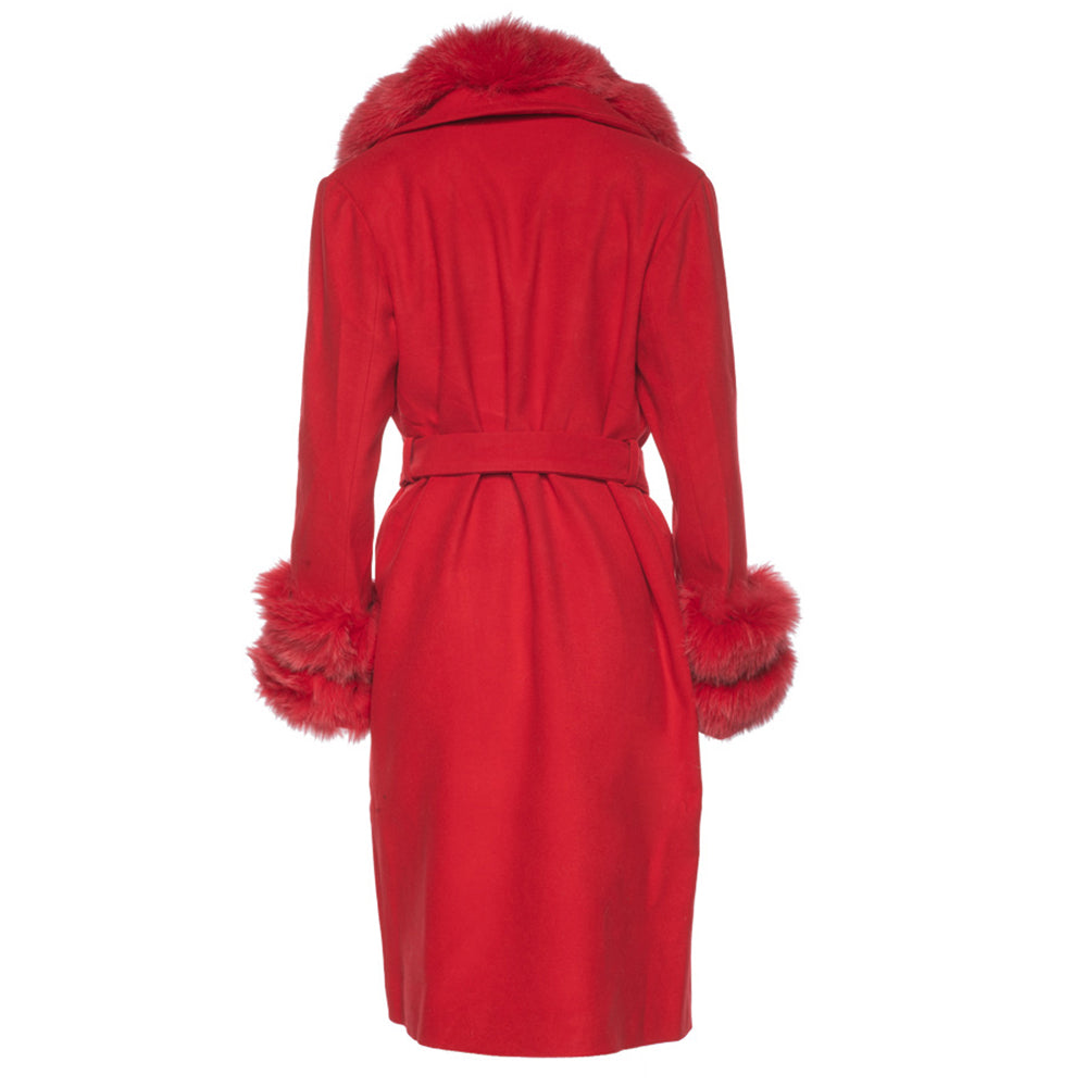 Aria Red chic long cashmere blend coat with fox fur