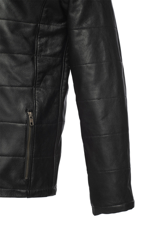 Jules black Buttoned up hooded leather jacket