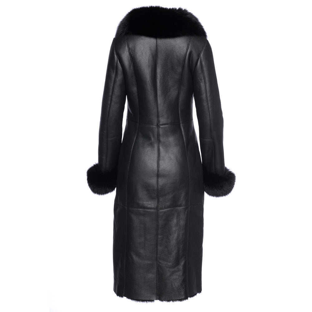 Caitlan’s Black Shearling Sheepskin Full Length Long Coat With Fox Fur Trim