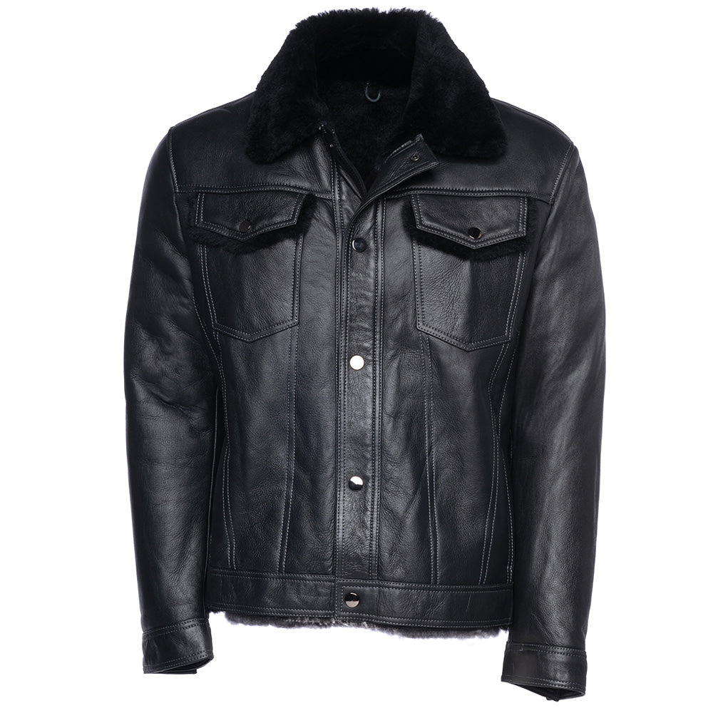 Black Denim jacket Style Shearling Jacket