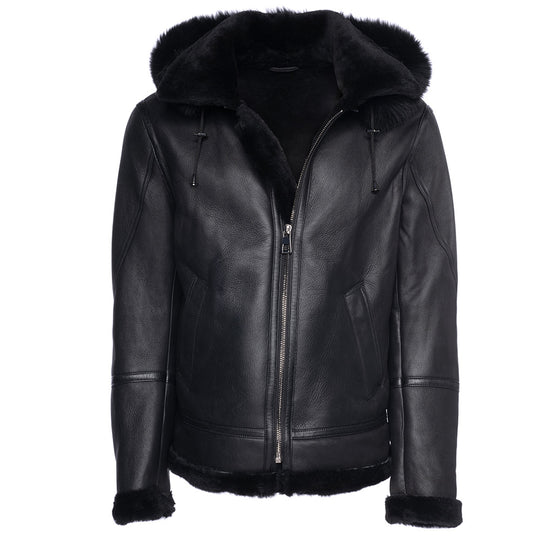 Felix black bomber shearling jacket with hoodie