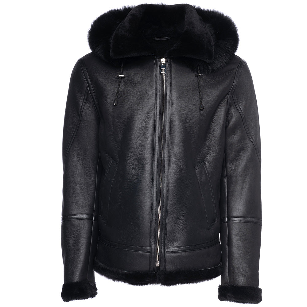 Felix black bomber shearling jacket with hoodie