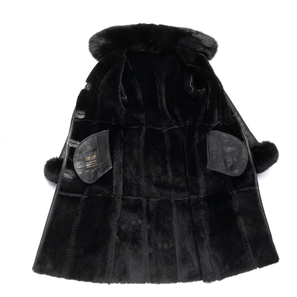 Caitlan's Black Shearling Sheepskin Full Length Long Coat With Fox