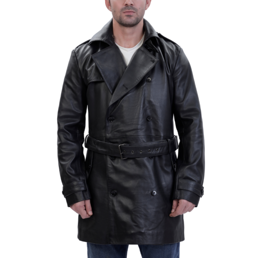 Black leather belted and double breasted trench coat
