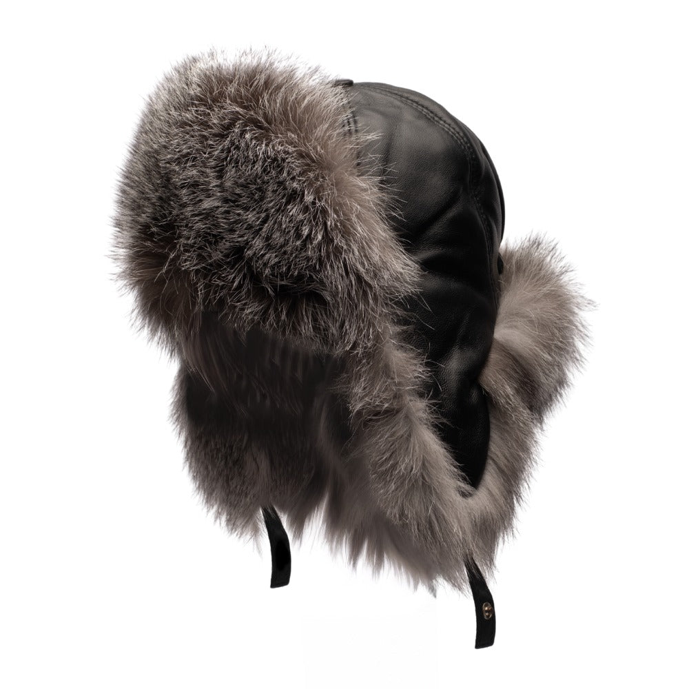 Silver fox fur and leather Aviator hat