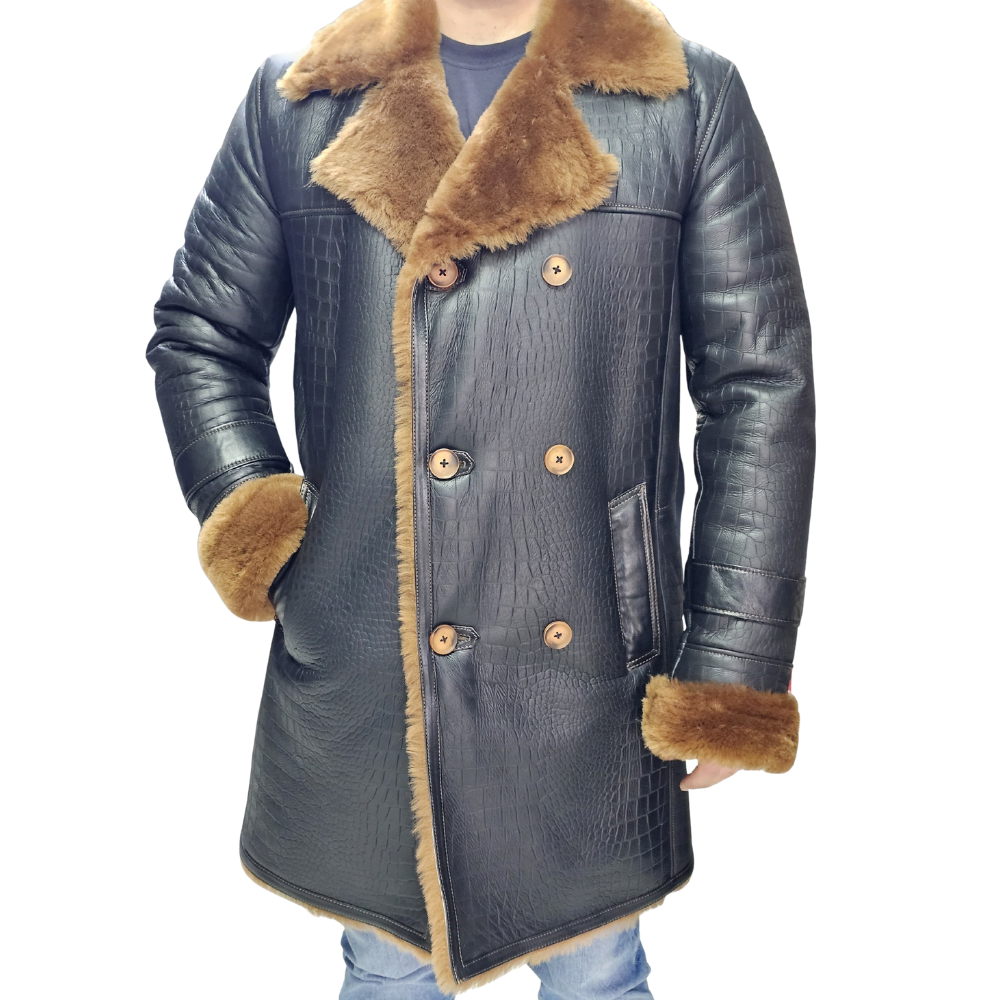 Griffin Double Breasted Black Croc Print Shearling Overcoat