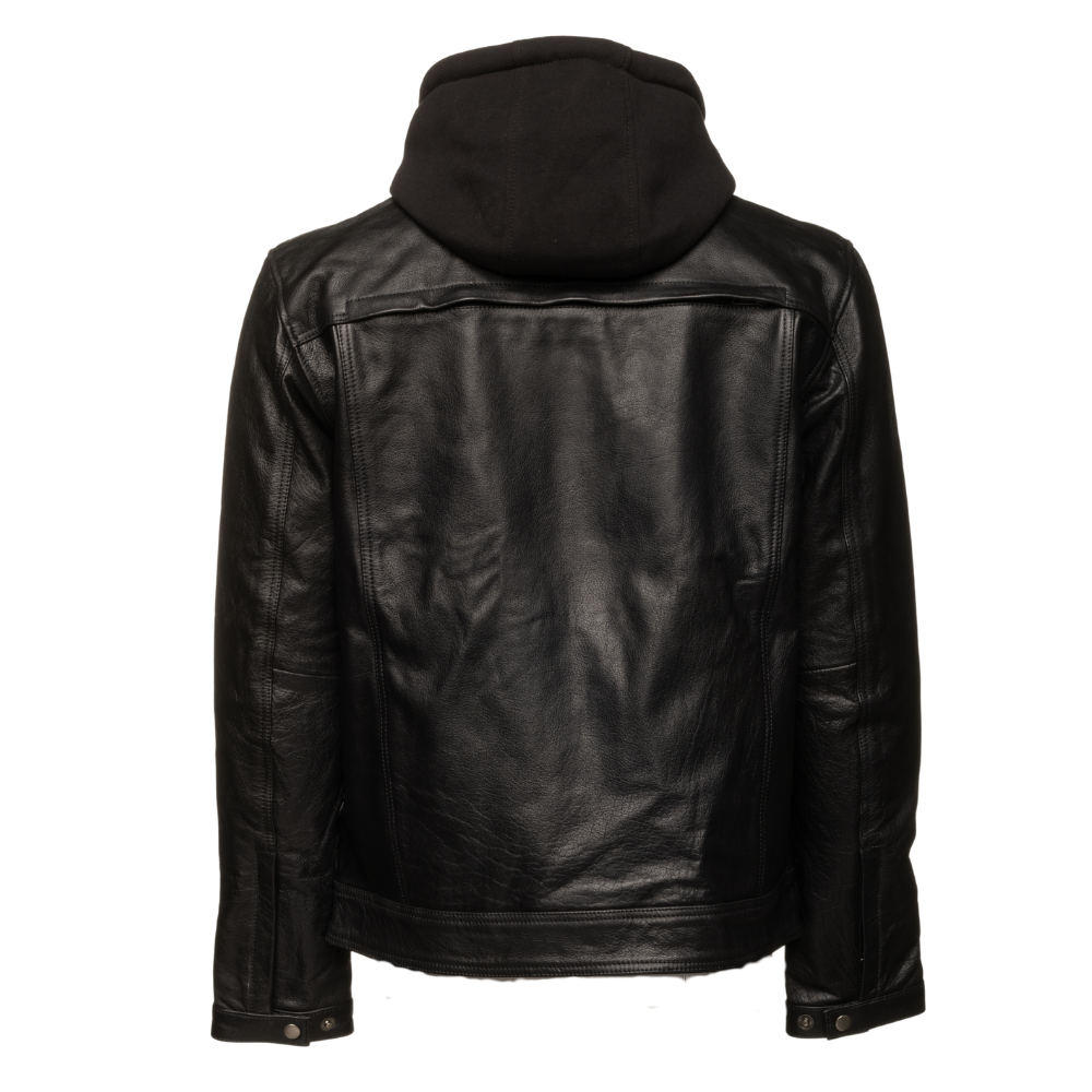 Easton Black trucker motorcycle leather jacket with hood