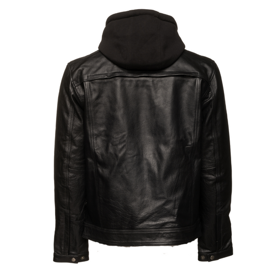 Easton Black trucker motorcycle leather jacket with hood