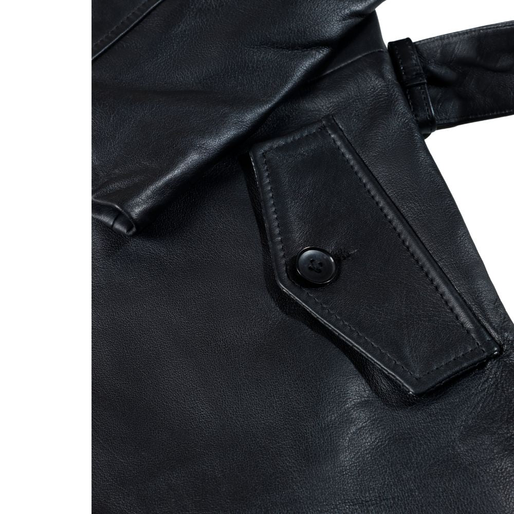 Black leather belted and double breasted trench coat