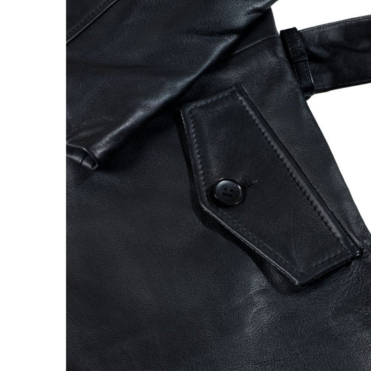 Black leather belted and double breasted trench coat