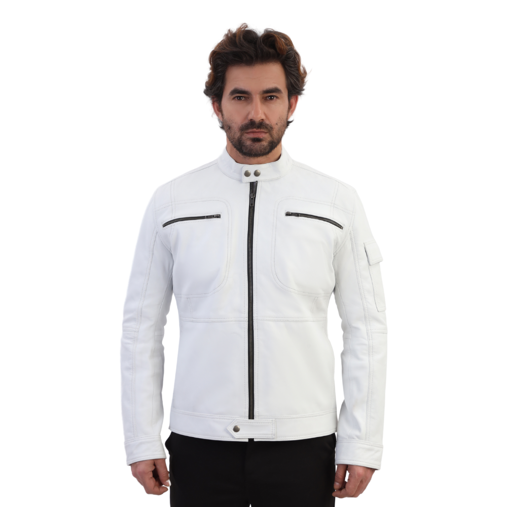 Plain White moto style leather jacket