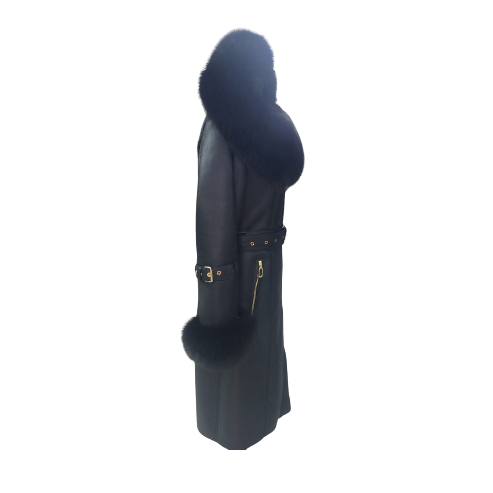 Freya Black Leather shearling coat with Fur Hood & Belt