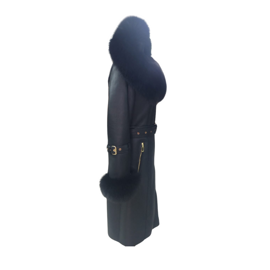 Freya Black Leather shearling coat with Fur Hood & Belt