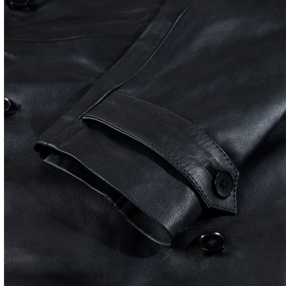 Black leather belted and double breasted trench coat