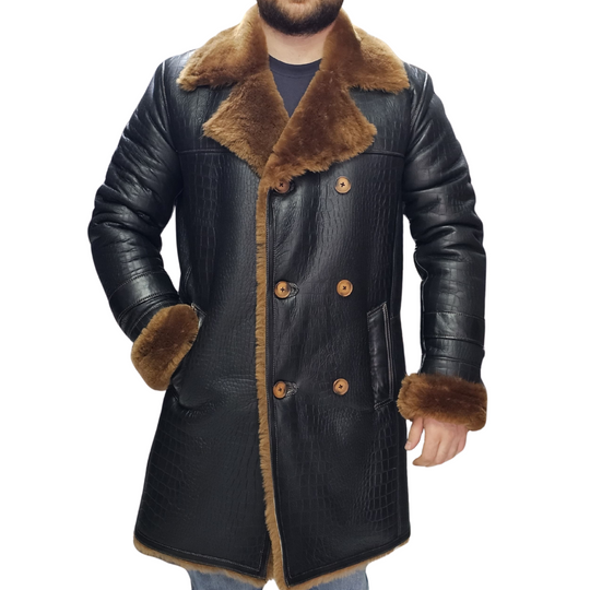 Griffin Double Breasted Black Croc Print Shearling Overcoat