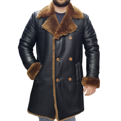 Griffin Double Breasted Black Croc Print Shearling Overcoat