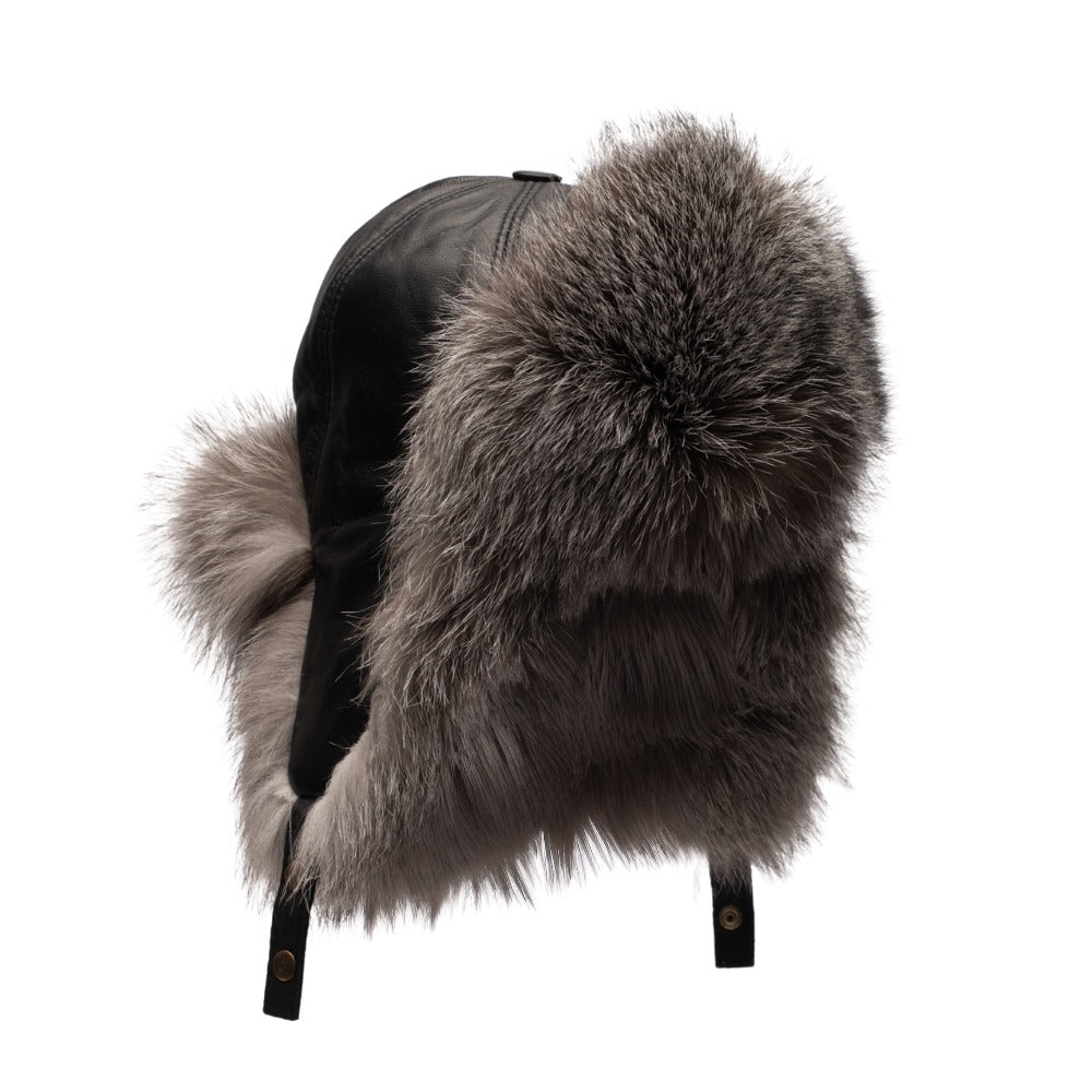 Silver fox fur and leather Aviator hat