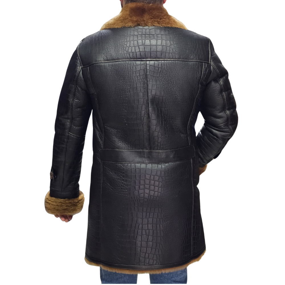 Griffin Double Breasted Black Croc Print Shearling Overcoat