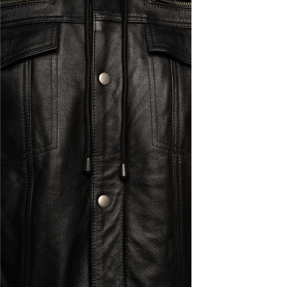 Easton Black trucker motorcycle leather jacket with hood