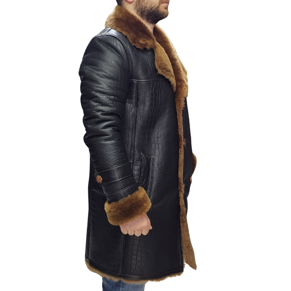 Griffin Double Breasted Black Croc Print Shearling Overcoat