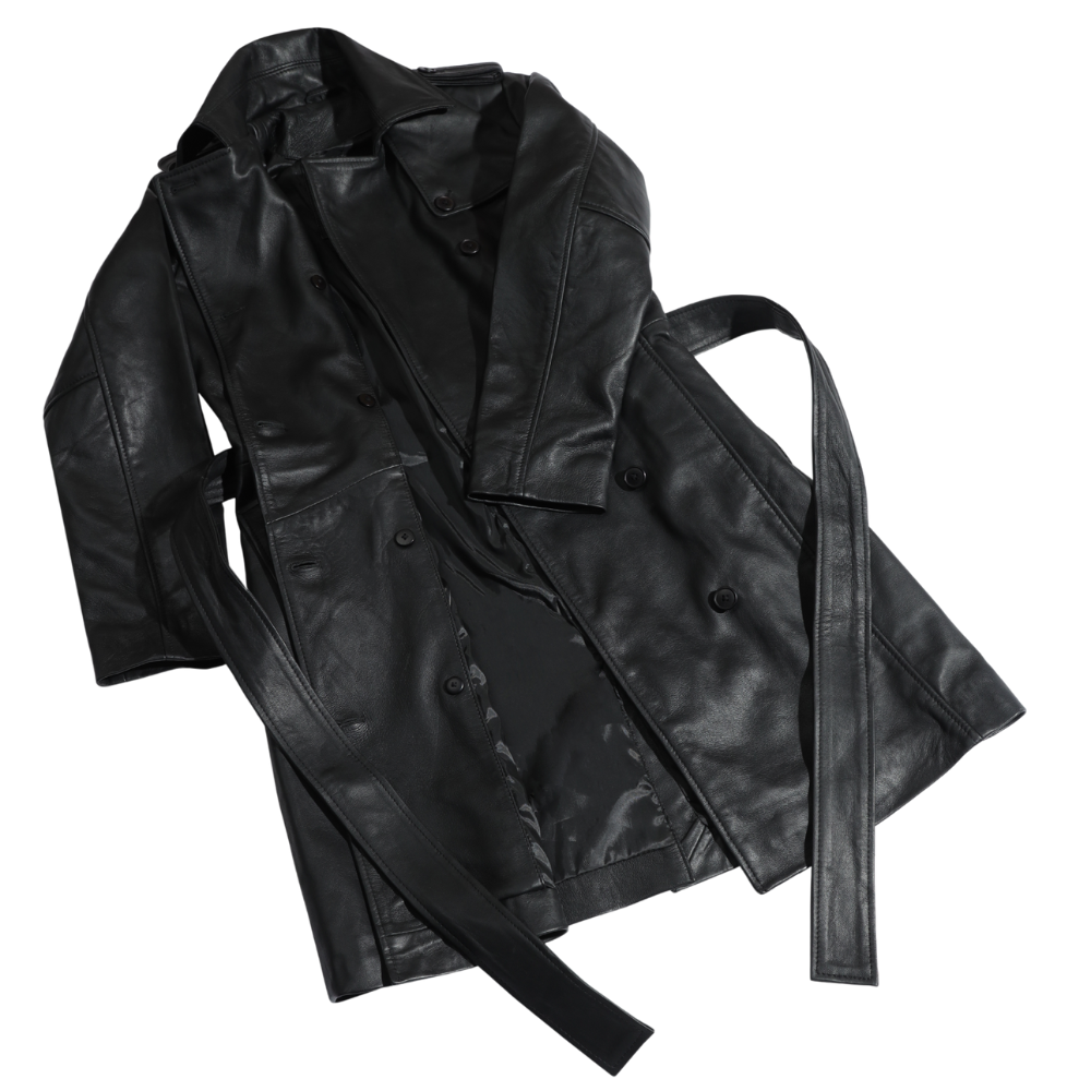 Coral black belted leather coat