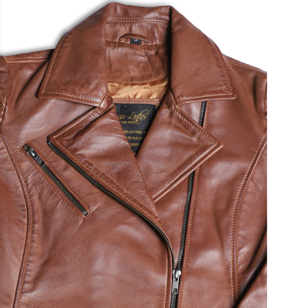 Women's distressed biker leather jacket with piping