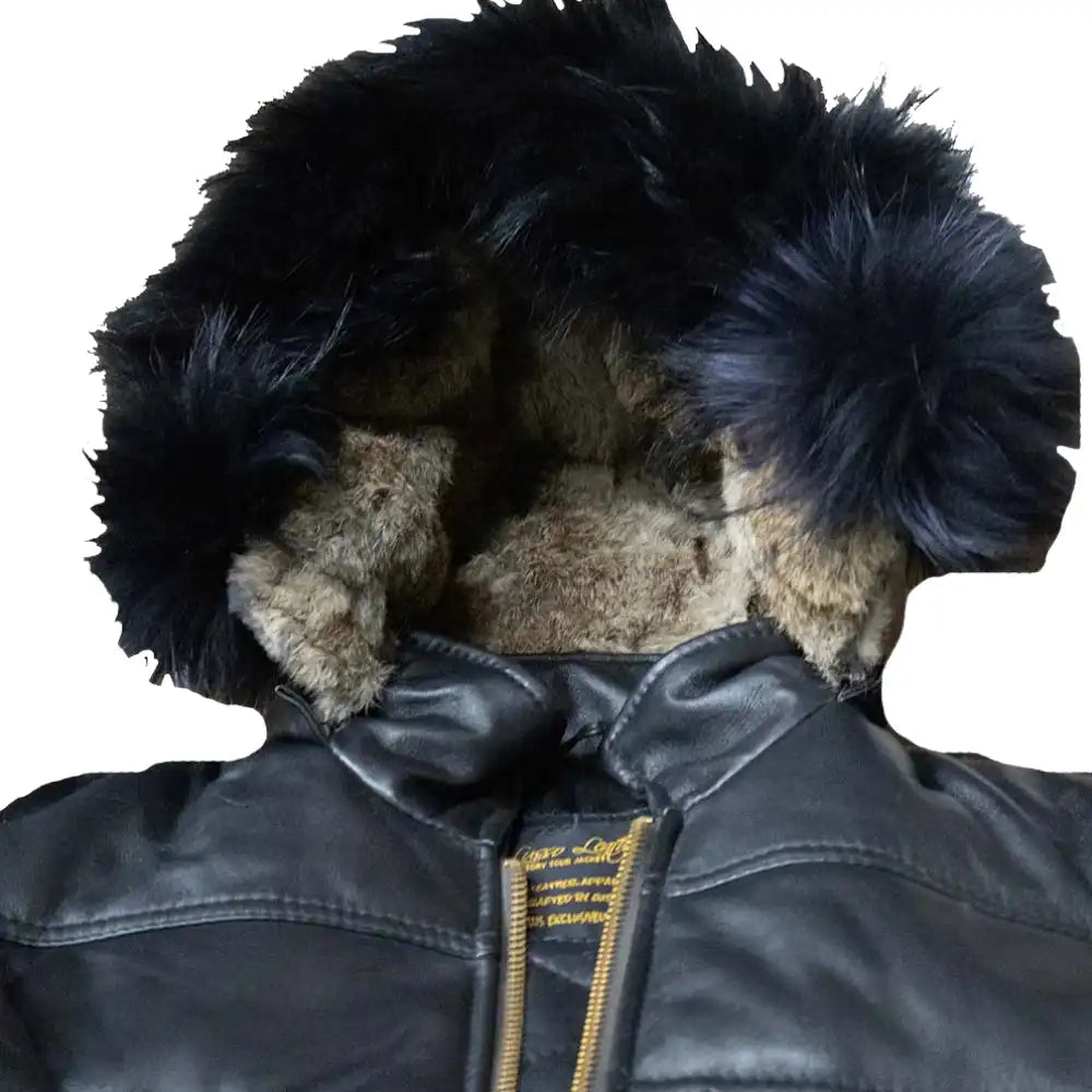 Close-up of the Ash jacket’s integrated hood and high-neck guard, showing the smooth black leather finish and tonal stitching.